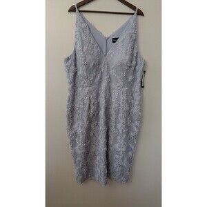 XSCAPE Floral 3D Lace Dress 22W Midi Slate Blue Wedding Guest Elegant V-Neck NWT